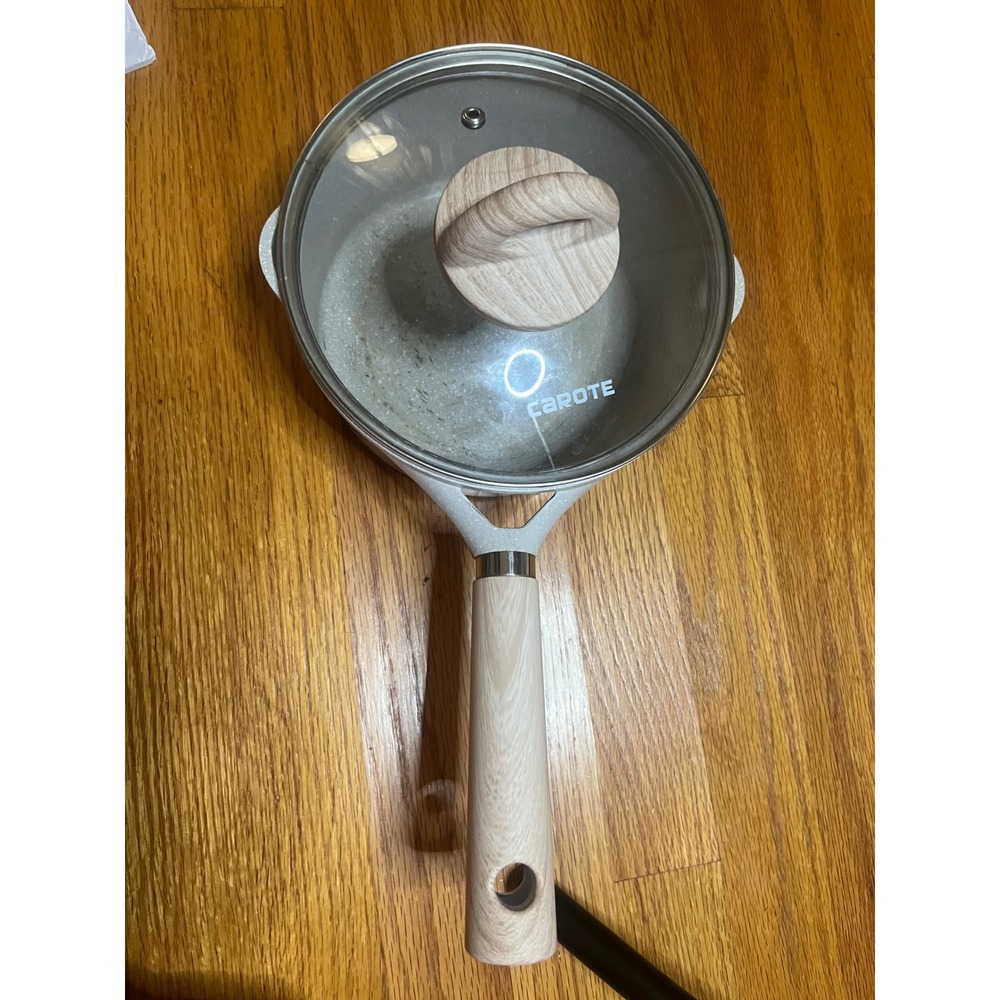Carote Nonstick Saucepan with Lid Wood Effect Handle Granite Coating White 2qt